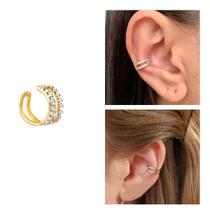 Piercing Fake Feminino para Orelha Cartilagem com Pedras de Zircônia Dourado Banhado á Ouro 18k Banho Antialérgico Marca Andréia Branco Acessórios