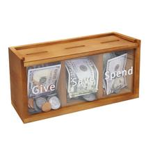 Piggy Bank Mczxon Spend Save Give para crianças em acrílico e madeira Piggy Bank Mczxon Spend Save Give para crianças em acrílico e madeira