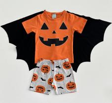 Pijama 1/12 Halloween Kyly Blusa Laranja, Bermuda Estampada e Capa Preta