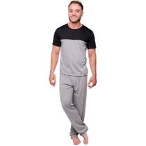 Pijama Adulto Dione Manga Curta e Calça Lisa sem Bolsos Masculino Básico Confortável Meia Estação