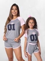 Pijama Adulto e Infantil Blusa Manga curta e Shorts - Contemporânea - Cinza e Rosa