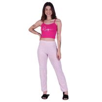 Pijama Adulto Feminino Estampado Love. Conjunto Calça e Cropped. Roupa de Dormir Barato.