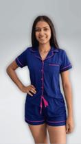 Pijama Americano Azul Marinho com Botões e Detalhes Rosa
