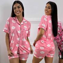 Pijama Americano Botões Shorts Confortável Estampado Dorama