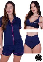 Pijama Americano com Botões + Sutiã Amamentação Liso + Calcinha Cós Alto - c17 BRENDA + JOLIE