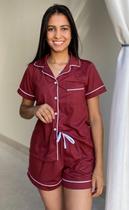Pijama Americano de Botões Vinho com Branco