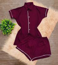 Pijama Americano em Suede Adulto Feminino Blogueira Conjunto Camisa e short Verão Gestante Amamentação com abertura fron
