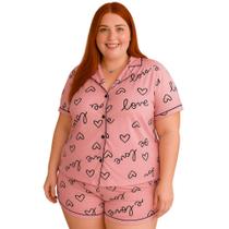 Pijama Americano Estampado Plus Size Blusa com Botões que Abrem e Short Anastácia 50 52 54 56