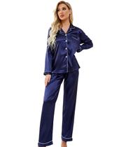 Pijama Americano Feminino Cetim de Seda Calça e Manga Cumprida com bolso e botões - Azul Marinho