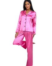 Pijama Americano Feminino Cetim de Seda Calça e Manga Cumprida com bolso e botões - Pink