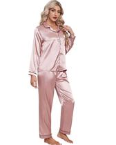 Pijama Americano Feminino Cetim de Seda Calça e Manga Cumprida com bolso e botões - Rosa