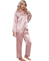 Pijama Americano Feminino Cetim de Seda Calça e Manga Cumprida com bolso e botões - Rosahoul Pijamas