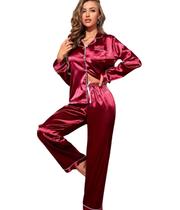 Pijama Americano Feminino Cetim de Seda Calça e Manga Cumprida com bolso e botões - Vermelho