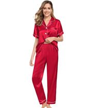 Pijama Americano Feminino Cetim de Seda Meia Estação Calça e Manga Curta com bolso e botões - Vermelho