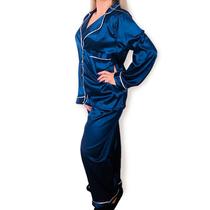 Pijama americano feminino manga longa em cetim de seda