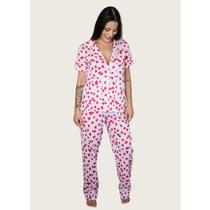 Pijama Americano Manga Curta com Calca Algodão Coração Vermelho