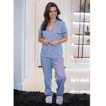 Pijama Americano Manga Curta com Calca Algodão Marinho Listrado Pijama Americano Manga Curta com Calca Algodão Marinho Listrado
