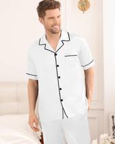 Pijama Americano Masculino Cetim de Seda Meia Estação Antoni - Calça e Camisa Manga Curta com bolso e botões - Branco