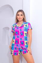 Pijama Americano Verão Botões Shorts Personagem Ursinho Carrinhos Sticht Divertidamente Minie Festa do Pijama