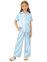 Pijama Arshiner de cetim para meninas de manga curta de 5 a 6 anos, azul claro