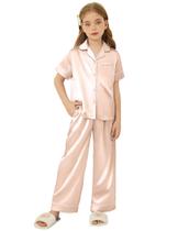 Pijama Arshiner de cetim para meninas de manga curta de 5 a 6 anos rosa
