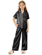 Pijama Arshiner de cetim para meninas de manga curta de 7 a 8 anos, preto Pijama Arshiner de cetim para meninas de manga curta de 7 a 8 anos, preto