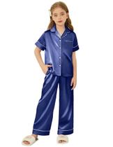 Pijama Arshiner Satin para meninas de manga curta de 5 a 6 anos, azul marinho Pijama Arshiner Satin para meninas de manga curta de 5 a 6 anos, azul marinho
