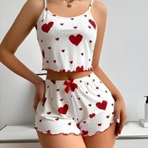 Pijama Baby Doll Blogueirinha Sexy Feminino Estampa Coração - Conjuntinho Pijama Verão Babadinho