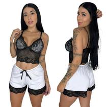 Pijama Baby Doll Feminino Cropped de Renda Short Doll Sexy - Valente.Com