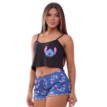 Pijama Baby Doll Shorts Curto Cropped Ondinha Personagens Stitch Mickey Super Poderosas