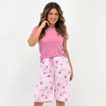 Pijama Baunilha Manga Curta com Corsário Estampado Feminino