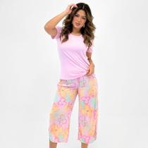 Pijama Baunilha Manga Curta com Pantacourt Estampada Feminino