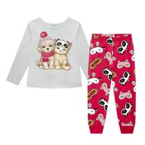 Pijama Blusa e Calça em Algodão Estampa Cachorro e Gato Brilha no Escuro Mescla White/Rosa - Kyly