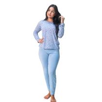 Pijama Blusa Manga Comprida Estampada e Calça Lisa Confortável Frio Inverno Moda Noturna