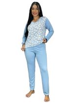 Pijama Blusa Manga Comprida Estampada e Calça Lisa Confortável Frio Inverno Moda Noturna