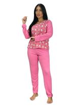 Pijama Blusa Manga Comprida Estampada e Calça Lisa Confortável Frio Inverno Moda Noturna