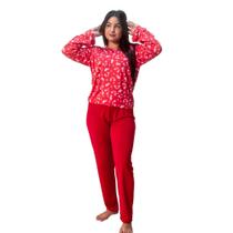 Pijama Blusa Manga Comprida Estampada e Calça Lisa Confortável Frio Inverno Moda Noturna