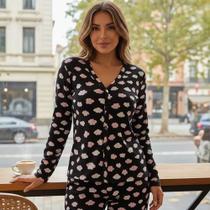 Pijama com botão americano Feminino Longo Inverno Tj Vip Conforto E Estilo Suede canelado Pijama com botão americano Feminino Longo Inverno Tj Vip Conforto E Estilo Suede canelado