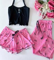 Pijama Cropped Blogueira em Suede com 3 peças - Estampa Love