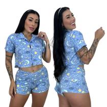 Pijama Cropped Botões Americano Blogueira Short Doll Personagens Pijama Cropped Botões Americano Blogueira Short Doll Personagens