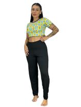 Pijama Cropped Estampa Personagem Calça Lisa Confortável Adulto Moda Noturna