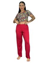 Pijama Cropped Estampa Personagem Calça Lisa Confortável Adulto Moda Noturna