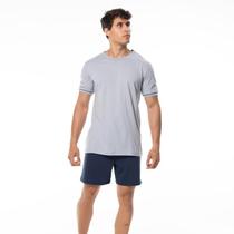 Pijama Curto Cinza Claro/Marinho KPR 173003 100% Algodão
