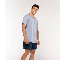 Pijama Curto Cinza Claro/Marinho KPR 173004 100% Algodão