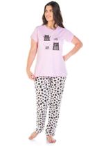 Pijama Curto com Calça Longa Feminino Adulto - Gatinhos Rosa