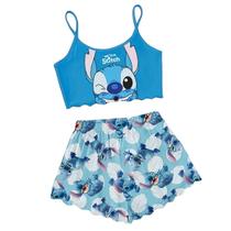 Pijama Curto Cropped Ondinha Adulto Feminino Stitch Azul