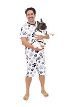 Pijama Curto Masculino e Roupa Pet Divertido Patinhas Preto e Branco