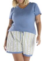 Pijama Curto Pzama 090235 Feminino Plus Size Listrado Meia Malha T. 50/54