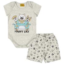 Pijama Curto Rolú Com 02 Peças Estampa Happy Day 1/3 Azul e Cinza