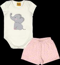 Pijama Curto Rolú Com 02 Peças Estampa Silk Elefante 1/3 Off White